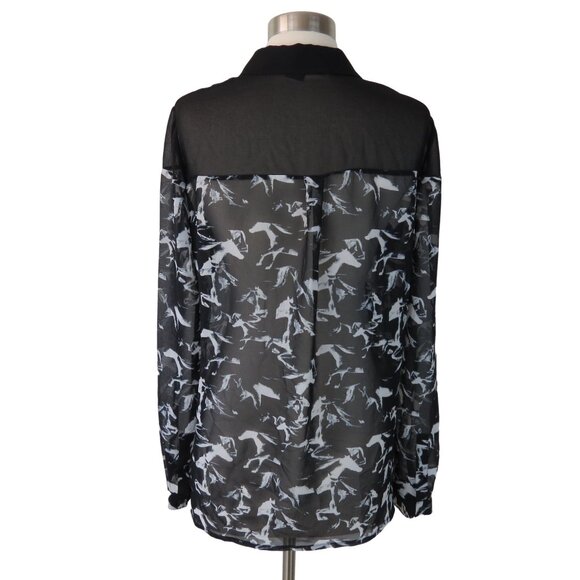 FRENCH CONNECTION Women's Black White Hatched Horses Sheer Blouse Size 6 - Picture 5 of 9